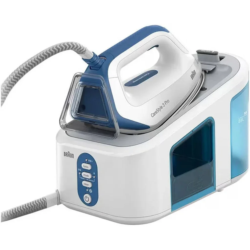 Braun CareStyle 3 Pro Steam Generator, 2400 Watts, Durable Soleplate, 3D FreeGlide, Easy Lock, Easy CalcClean, Double Steam Technology, Eloxal Plus, 2 L Water Tank, White/Blue | IS 3157
