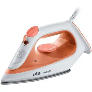 Braun TexStyle 1 Lightest Steam Iron With Turbo Mode, 2000 Watts, 50% Energy Saving, Super Ceramic Soleplate, Precision Tip, Rapid Heat Up, Self Clean, Light And Quick Ironing, Orange/White | SI 1009