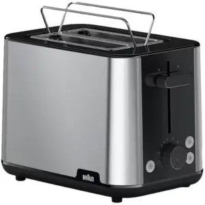 Braun PurShine Toaster, 2-Slot Design, 900 Watts, 8 Browning Settings, Auto Off, Bread High-Lift, Bun Warmer, 4-Way Protection, Intelligent Heat Control, Stainless Steel, Black | HT 1510