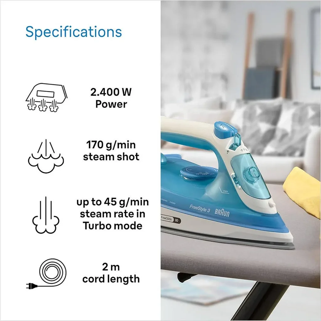 Braun FreeStyle 3 Steam Iron, 2400 Watts, Precision Tip, 230g/min Stem Shot, 3D FreeGlide, Auto Shut-Off, ICare Mode, Eloxal Plus, Anti Drip, Self-Clean, Great Performance, Blue | FI 3144 - Image 5