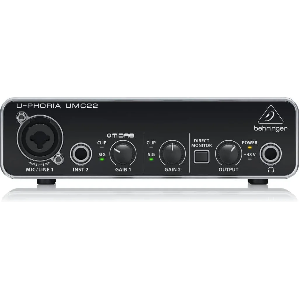 Behringer U-Phoria UMC22, 2x2 USB Audio Interface, Audiophile 48kHz, Streams 2 Inputs/Outputs, Low Latency, MIDI Interface, Black | UMC22