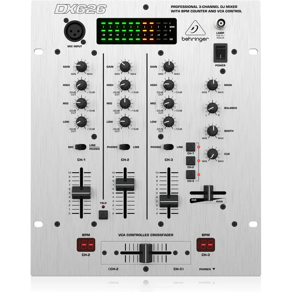 Behringer DX626 Professional Mixer 3 Channel DJ Mixer, Dual Auto BPM Counters, Ultraglide Crossfader, ULN Mic Preamp, 3 Band Kill EQ, Talkover Function, PFL Level Meter | DX626 - Image 4