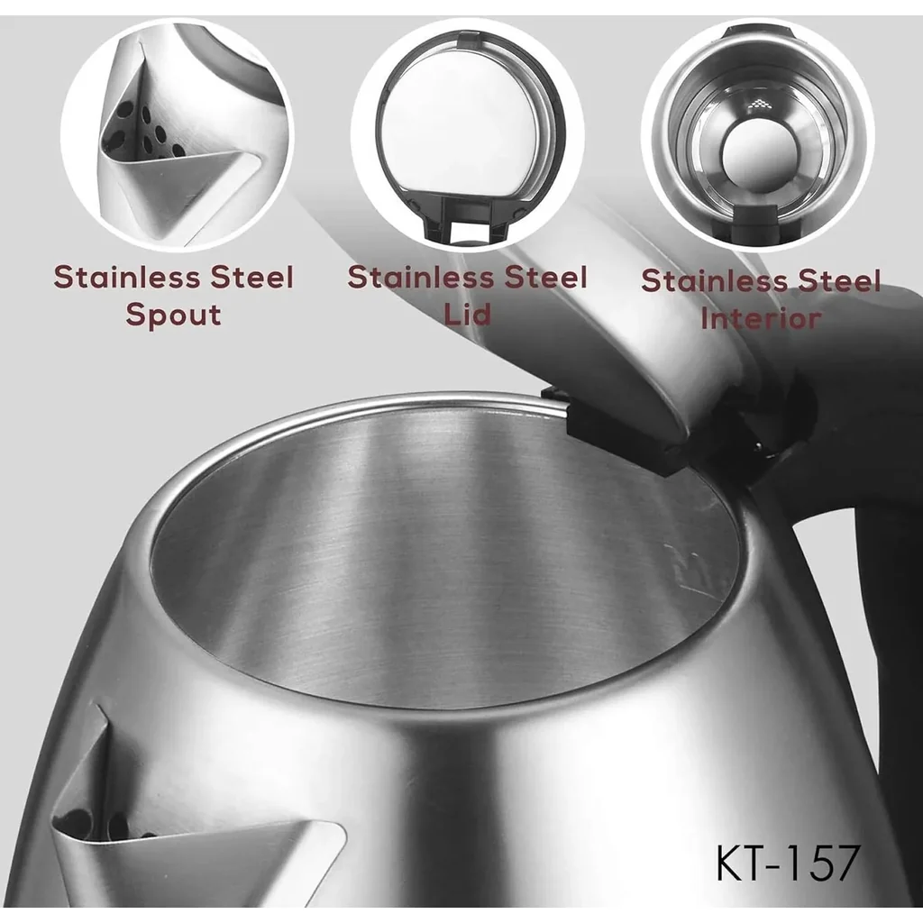 Crownline Electric Kettle KT-157, 1.8L Capacity, 1800-2200W Power, Cordless with 360° Base, Automatic Steam Shut-Off, Boil-Dry Protection, Water Level Indicator, Stainless Steel Housing | KT-157 - Image 6