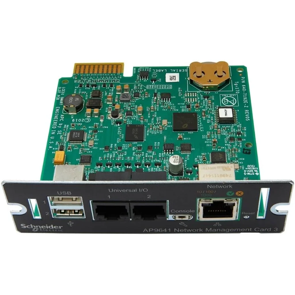 APC UPS Network Management Card 3 with Environmental Monitoring, EN 55022 Class A / ICES-003 Standards, 2x USB Port, RJ45 Universal I/O, 10/100/1000 Base-T Connector | AP9641