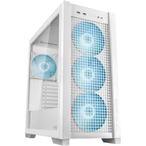 ASUS TUF Gaming GT302 aRGB Mid Tower Computer Case, 4x Pre-Installed Fan 140mm aRGB Fans, Up to 360mm Radiator & 7x Fan Support, 1x 3.5mm, 2x USB-A, & 1x USB-C I/O, White | 90DC00I3-B19000