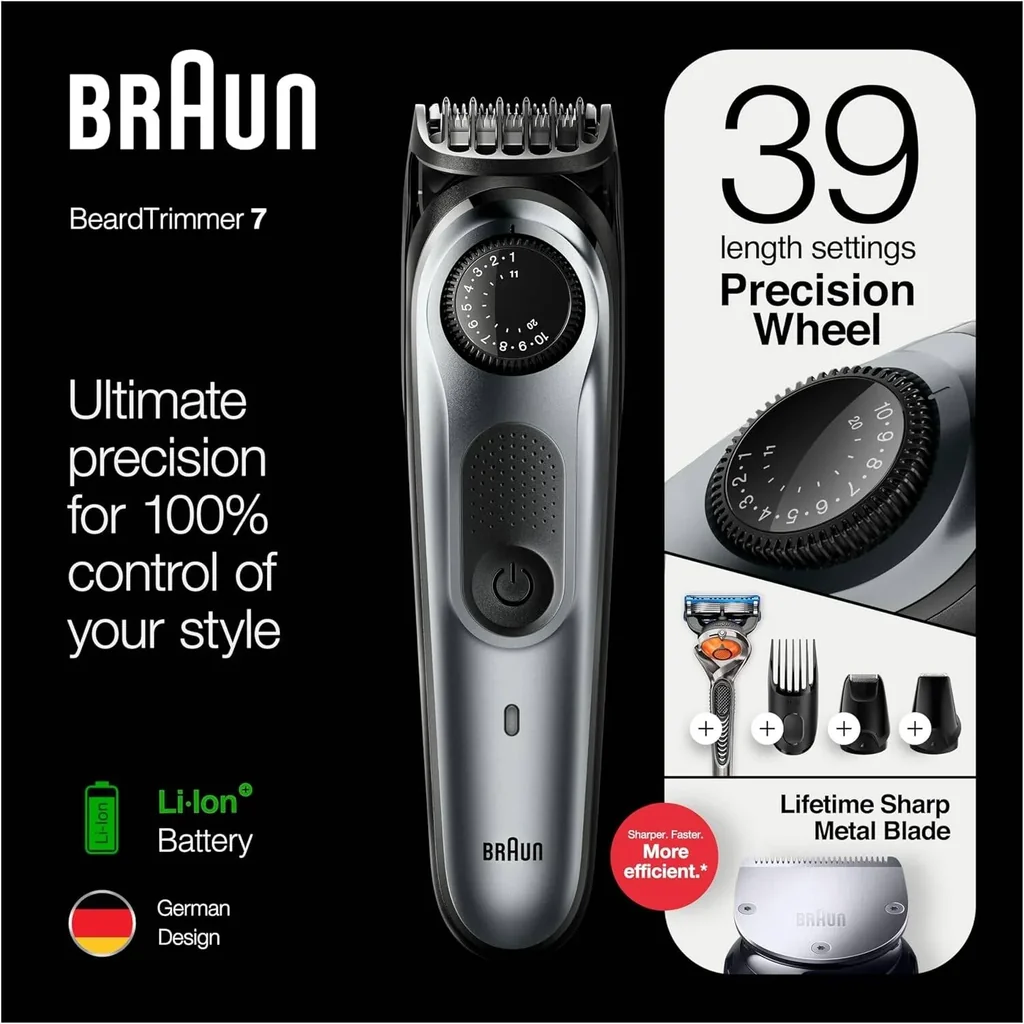 Barun Beard Timmer 7 with 39 Length Settings Precision Wheel Cordless & Rechargeable With Gillette Proglide Razor, Black/Silver Metal, BT7240 - Image 6