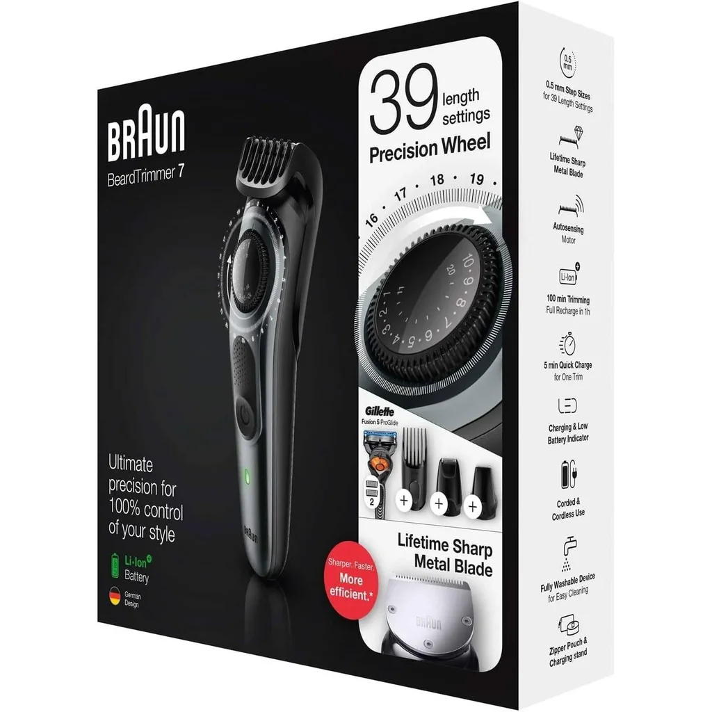 Barun Beard Timmer 7 with 39 Length Settings Precision Wheel Cordless & Rechargeable With Gillette Proglide Razor, Black/Silver Metal, BT7240 - Image 7