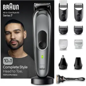 Braun 10 in 1 Style Kit 7 MGK7420 Beard, Body, Hair. With Metal Blade, 100min Runtime, Pouch, Multi Grooming All in One Kit - Silver