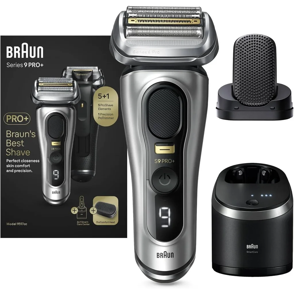 Braun Series 9 Pro+ Electric Shaver 9597cc 5 Pro Shaving Elements and Shave-Preparing ProComfort Head for Closeness & Skin Comfort, 6in1 SmartCare Center, Wet or Dry Use, Charging Stand