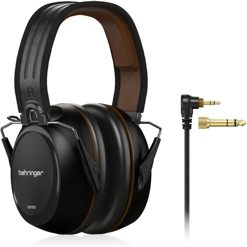 Behringer DH100 Professional Drummer Headphones, Closed-Back Over-Ear Studio, 40 mm Drivers, 10Hz 22kHz Response, 19dB Noise Isolation, 3m Coiled Cable, 3.5mm/6.3mm, Black | DH100
