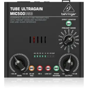 Behringer MIC500USB Tube Ultragain Microphone Preamp with USB Audio Interface, 12AX7 Vacuum Tube, 16 Voicing Presets, +48V Phantom Power for Studio Recording & Podcasting | MIC500USB