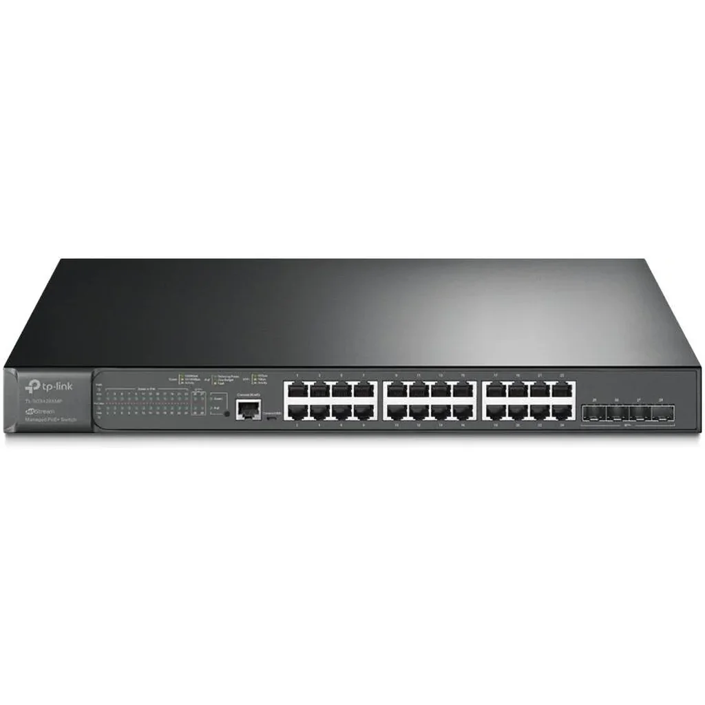 TP-Link JetStream 4-Port 10GE SFP+ L2+ Managed Switch with 24-Port PoE+, 24x 10/100/1000 Mbps RJ45 Ports, 128 Gbps Switching Capacity, Advanced L3 Features, Black | SG3428XMP