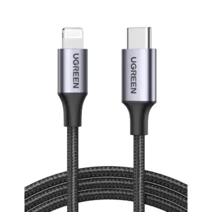 UGREEN USB C to Lightning Cable, MFi Certified, 480 Mbps Transfer Rate, 20W PD Fast Charging, 4-Layer Shielding, Nylon Woven Cable, Cable Length, Wide Compatibility, Black, 2m | 60761