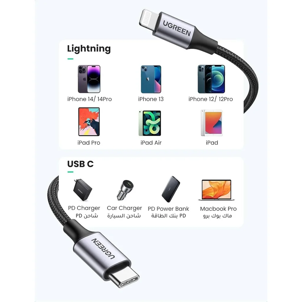 UGREEN USB C to Lightning Cable, MFi Certified, 480 Mbps Transfer Rate, 20W PD Fast Charging, 4-Layer Shielding, Nylon Woven Cable, Cable Length, Wide Compatibility, Black, 2m | 60761 - Image 5