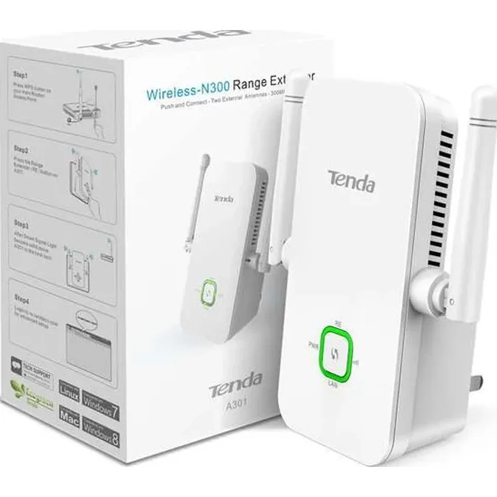 Tenda Wireless N300 Universal Range Extender, 2T2R, 2.4GHz, 802.11n/g/b, Ranger Extender Button, With Internal Antennas, 1 * 10/100M LAN | A301 / V2.0 - Image 2