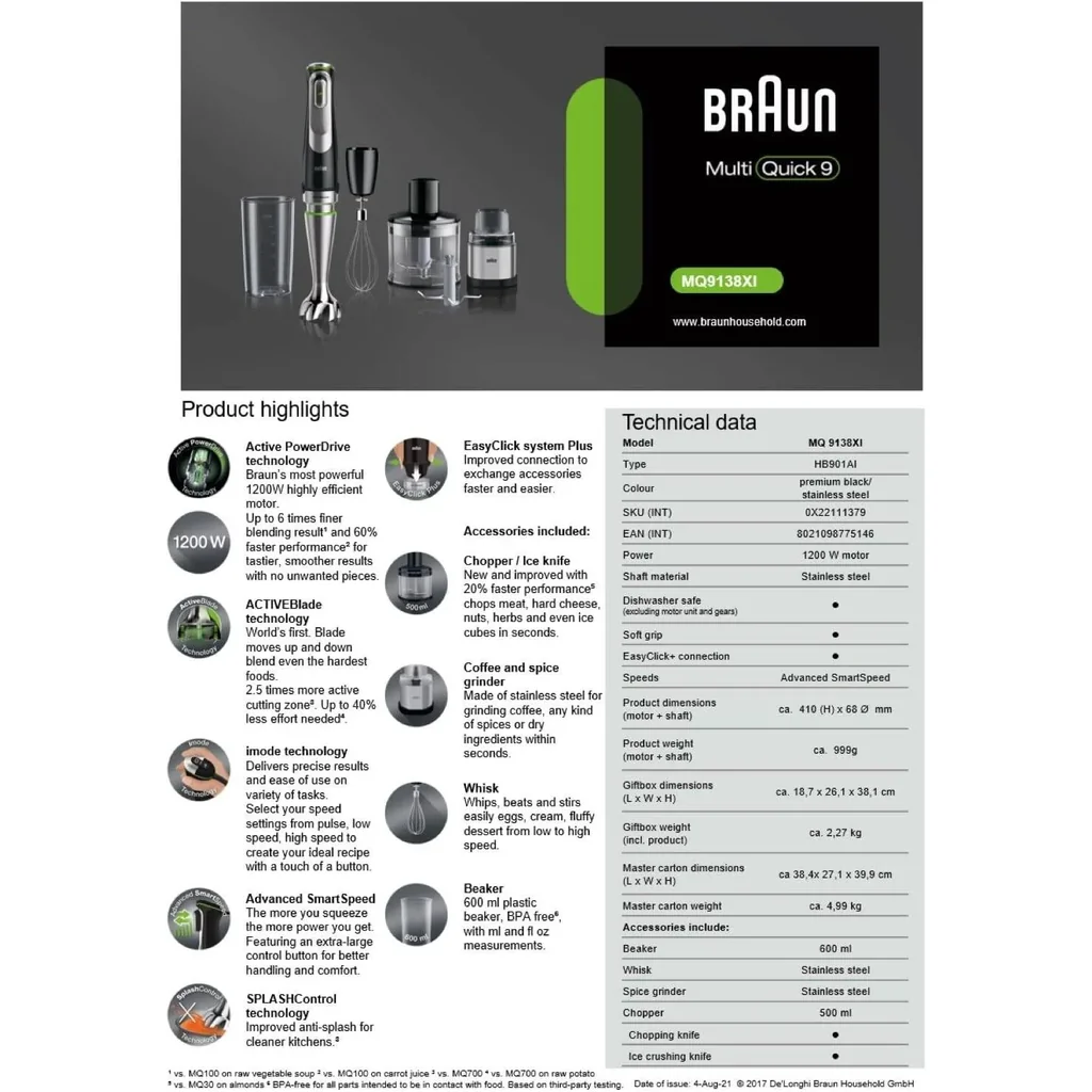 Braun MultiQuick 9 Hand Blender, Hand Mixer, XL Food Processor, Active PowerDrive Technology, 500 ml Chopper, BPA-Free 600 ml Beaker with Lid, 1200W, 220-240 V, 50-60 Hz, Black | MQ 9135XI - Image 6