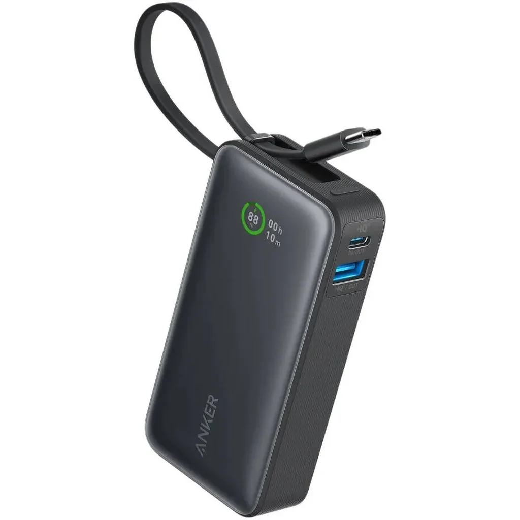 Anker Nano Power Bank, 10000mAh Battery Capacity, 30W Two-Way Fast Charging, USB Type-C & USB Type-A Interfaces, 19cm Built-In Type-C Cable, Black | A1259H11