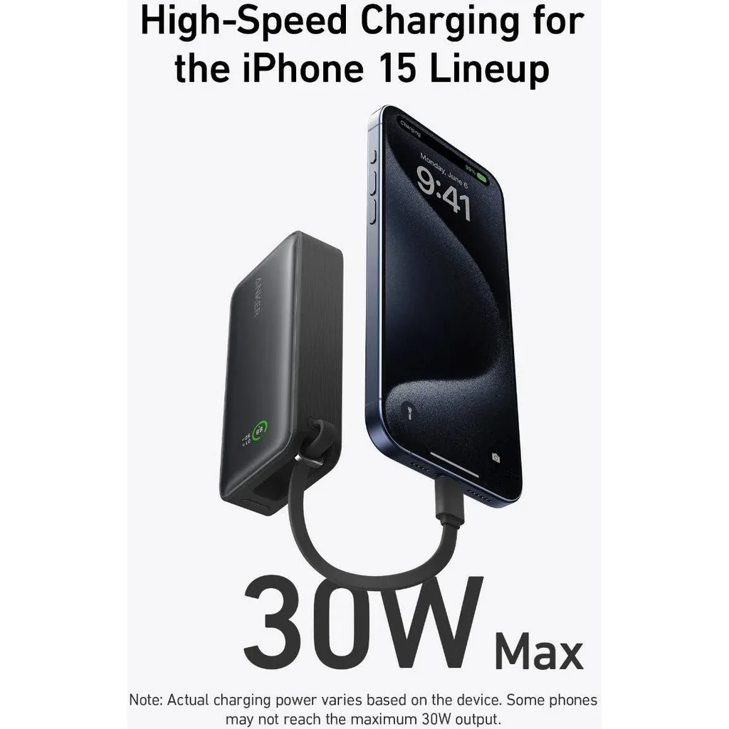 Anker Nano Power Bank, 10000mAh Battery Capacity, 30W Two-Way Fast Charging, USB Type-C & USB Type-A Interfaces, 19cm Built-In Type-C Cable, Black | A1259H11 - Image 2