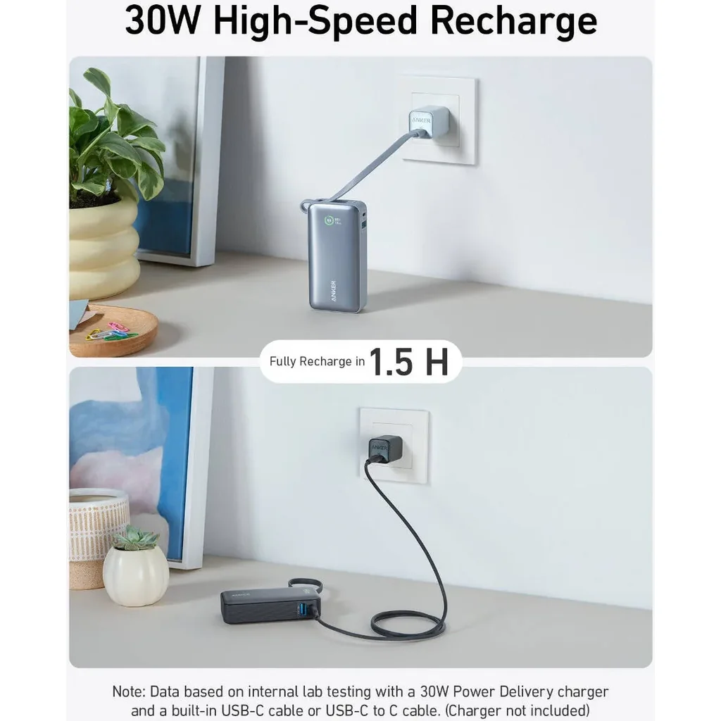 Anker Nano Power Bank, 10000mAh Battery Capacity, 30W Two-Way Fast Charging, USB Type-C & USB Type-A Interfaces, 19cm Built-In Type-C Cable, Black | A1259H11 - Image 5