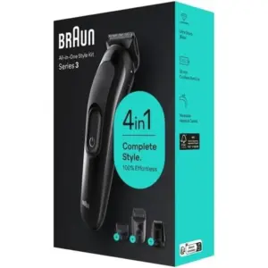 Braun All-in-One Style Kit Series 3, 4-in1 Kit for Beard & Hair With 50-min Runtime, Ultra-Sharp Blade, Washable Heads & Combs, Black SK 3400