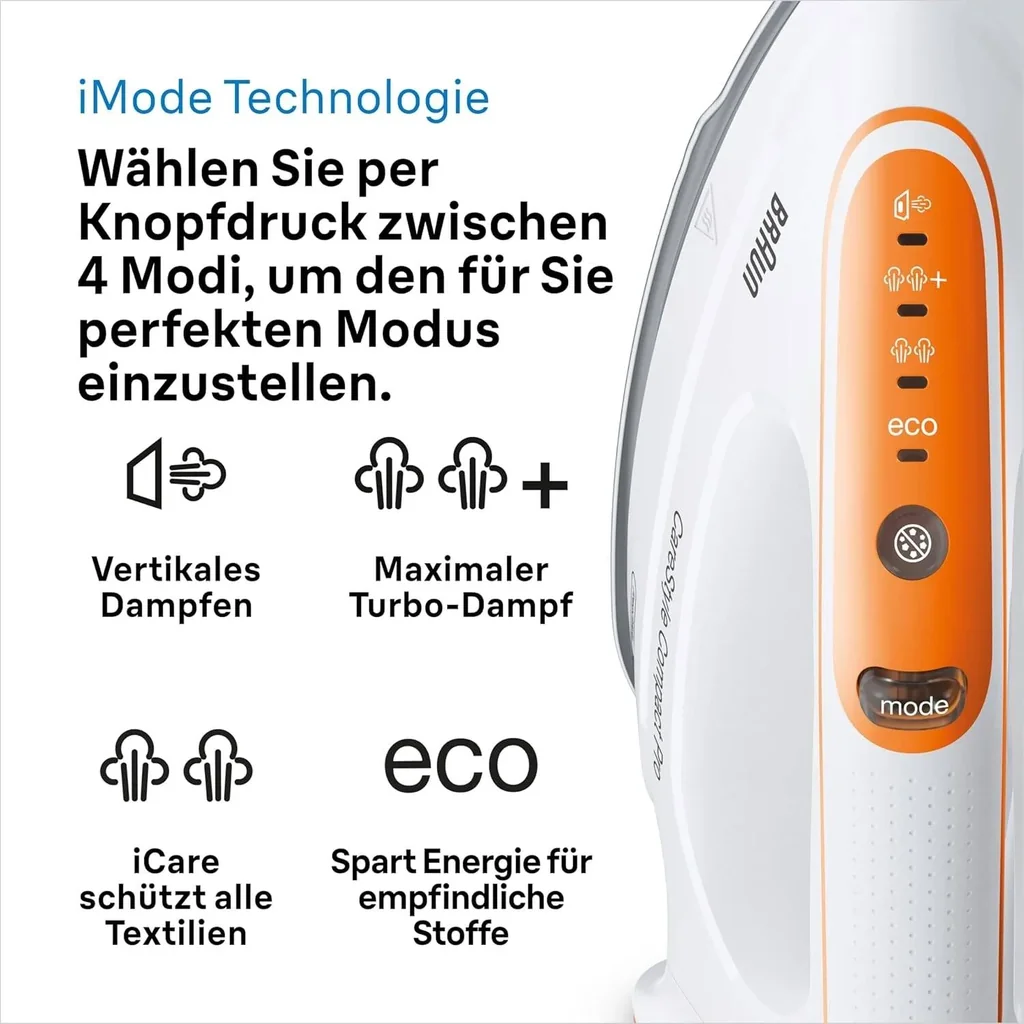 Braun CareStyle Compact Pro Steam generator Iron 2400 Watts, FreeGlide 3D, Eloxal Plus, Turbo & Eco mode, Smart iCare, iMode interface, Vertical steaming, 1.5L Water tank - IS 2561 - Image 4