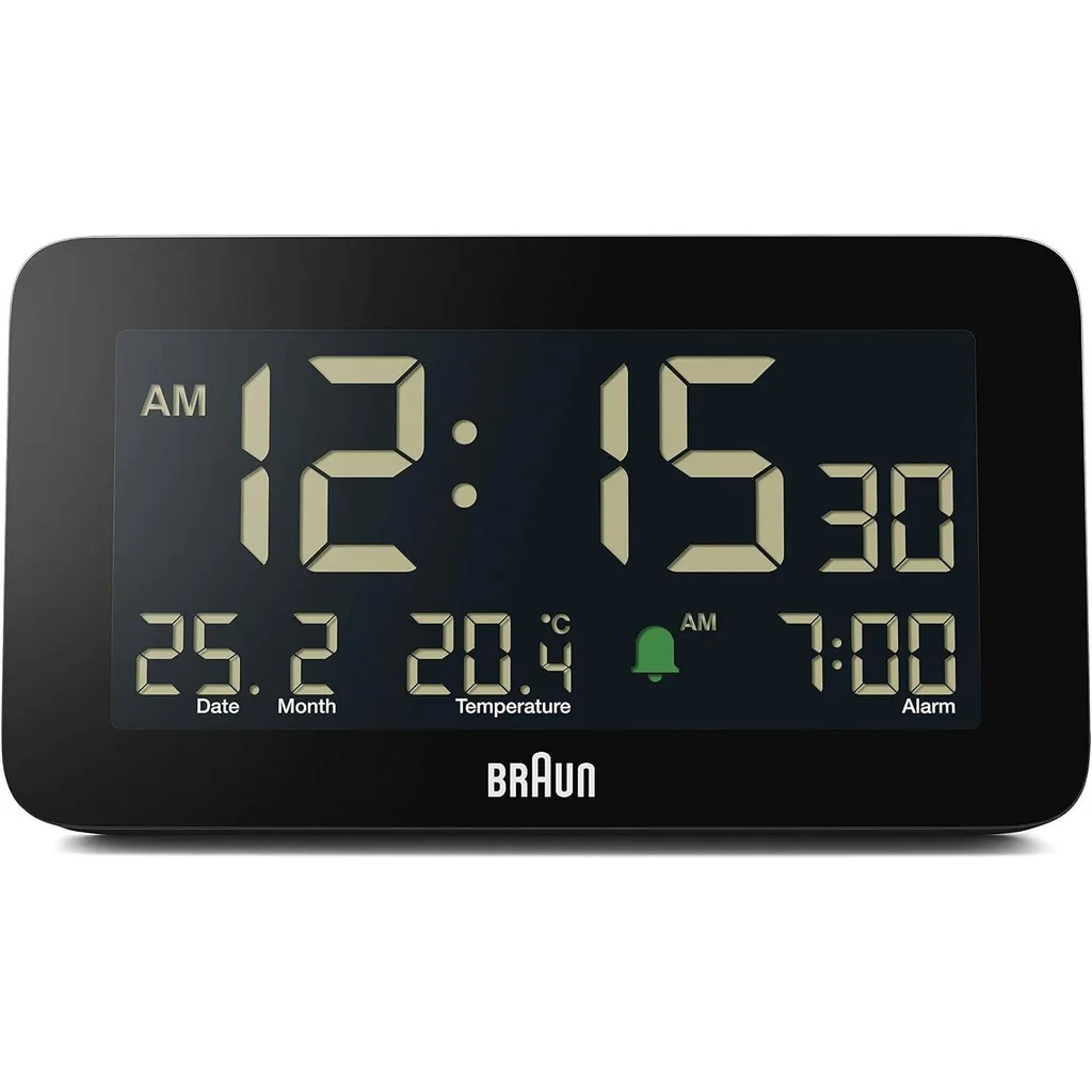 Braun Digital Alarm Clock BC10B, LCD Display, Date and Month Display, Crescendo Alarm, Indoor Temperature Display, 5 min Touch Snooze, Auto-Brightness Display, 12- or 24-hour Format, 10 sec Backlight