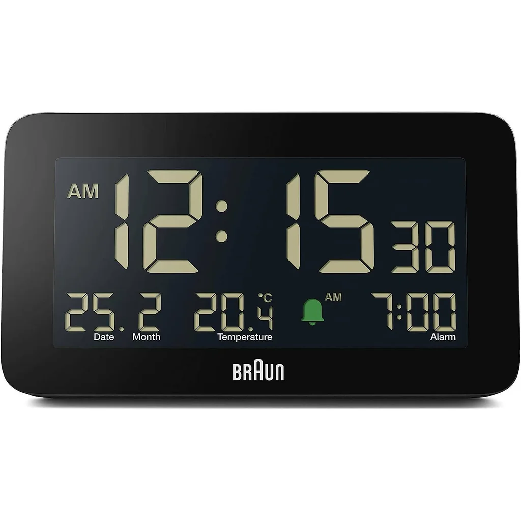 Braun Digital Alarm Clock BC10B, LCD Display, Date and Month Display, Crescendo Alarm, Indoor Temperature Display, 5 min Touch Snooze, Auto-Brightness Display, 12- or 24-hour Format, 10 sec Backlight - Image 2