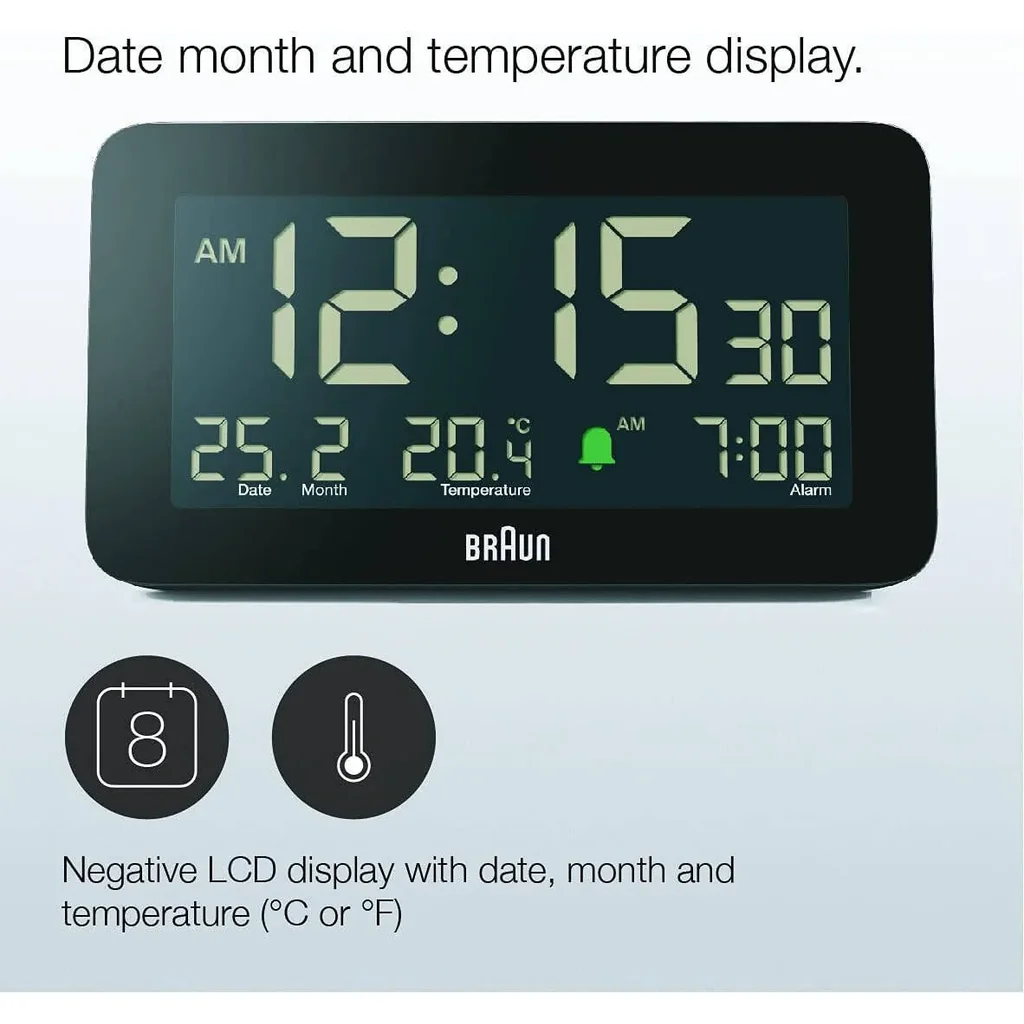 Braun Digital Alarm Clock BC10B, LCD Display, Date and Month Display, Crescendo Alarm, Indoor Temperature Display, 5 min Touch Snooze, Auto-Brightness Display, 12- or 24-hour Format, 10 sec Backlight - Image 3