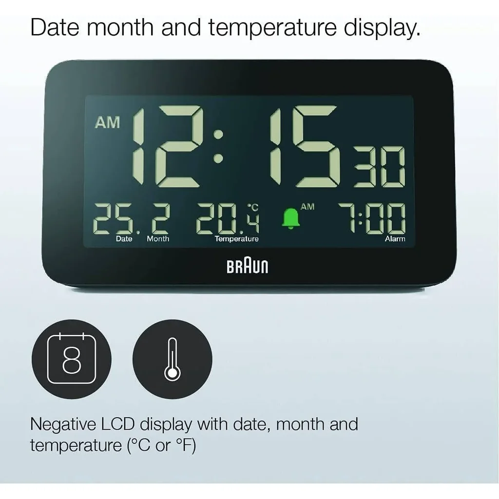 Braun Digital Alarm Clock BC10B, LCD Display, Date and Month Display, Crescendo Alarm, Indoor Temperature Display, 5 min Touch Snooze, Auto-Brightness Display, 12- or 24-hour Format, 10 sec Backlight - Image 4