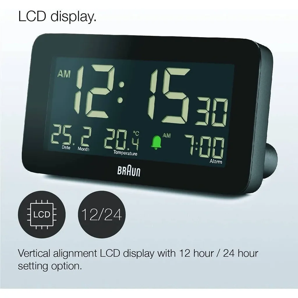 Braun Digital Alarm Clock BC10B, LCD Display, Date and Month Display, Crescendo Alarm, Indoor Temperature Display, 5 min Touch Snooze, Auto-Brightness Display, 12- or 24-hour Format, 10 sec Backlight - Image 6