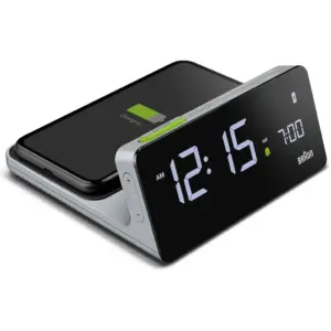 Braun Digital Alarm Clock BC21G, Fast Wireless Charging (10W), Auto-Brightness Display, Vertical Alignment Display, Crescendo Alarm, 5 min Snooze, 12 or 24-hour Format, Black