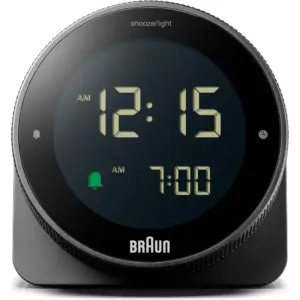 Braun Digital Alarm Clock BC24B, Rotary Time Display, LCD Display, 12 or 24 hour Format, Crescendo Alarm, 5 min Snooze, 10 sec Light with Delay, Black