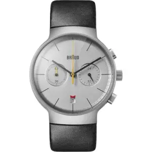 Braun Gents Classic Chronograph Watch, Meca-quartz Movement, date indicator, Hybrid Movement, Water Resistance, Stainless Steel Case, Double Domed Lens, Silver and Black Leather Strap | BN0265SLBKG