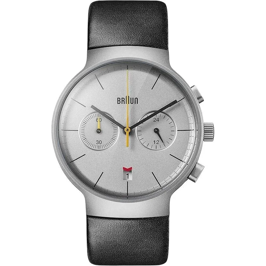 Braun Gents Classic Chronograph Watch, Meca-quartz Movement, date indicator, Hybrid Movement, Water Resistance, Stainless Steel Case, Double Domed Lens, Silver and Black Leather Strap | BN0265SLBKG