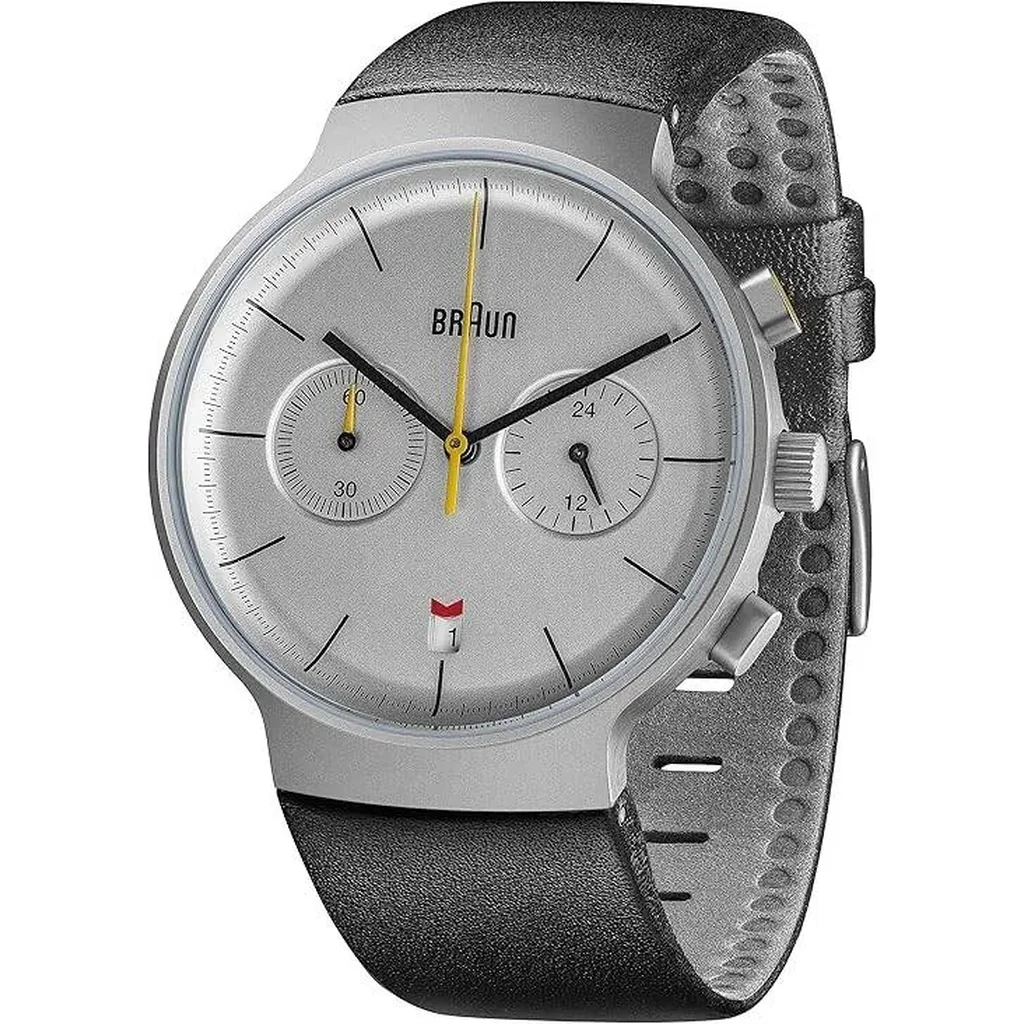 Braun Gents Classic Chronograph Watch, Meca-quartz Movement, date indicator, Hybrid Movement, Water Resistance, Stainless Steel Case, Double Domed Lens, Silver and Black Leather Strap | BN0265SLBKG - Image 4