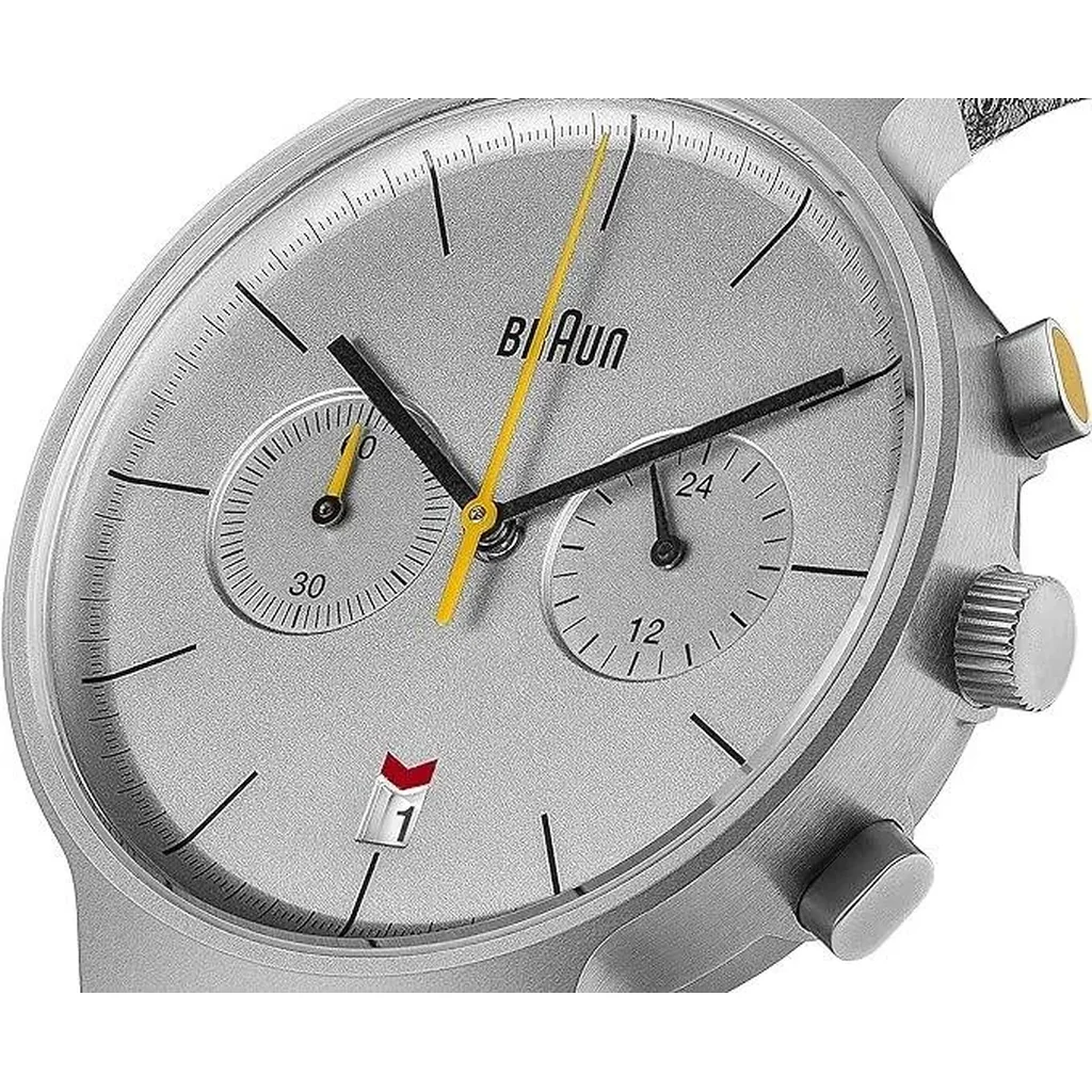 Braun Gents Classic Chronograph Watch, Meca-quartz Movement, date indicator, Hybrid Movement, Water Resistance, Stainless Steel Case, Double Domed Lens, Silver and Black Leather Strap | BN0265SLBKG - Image 6