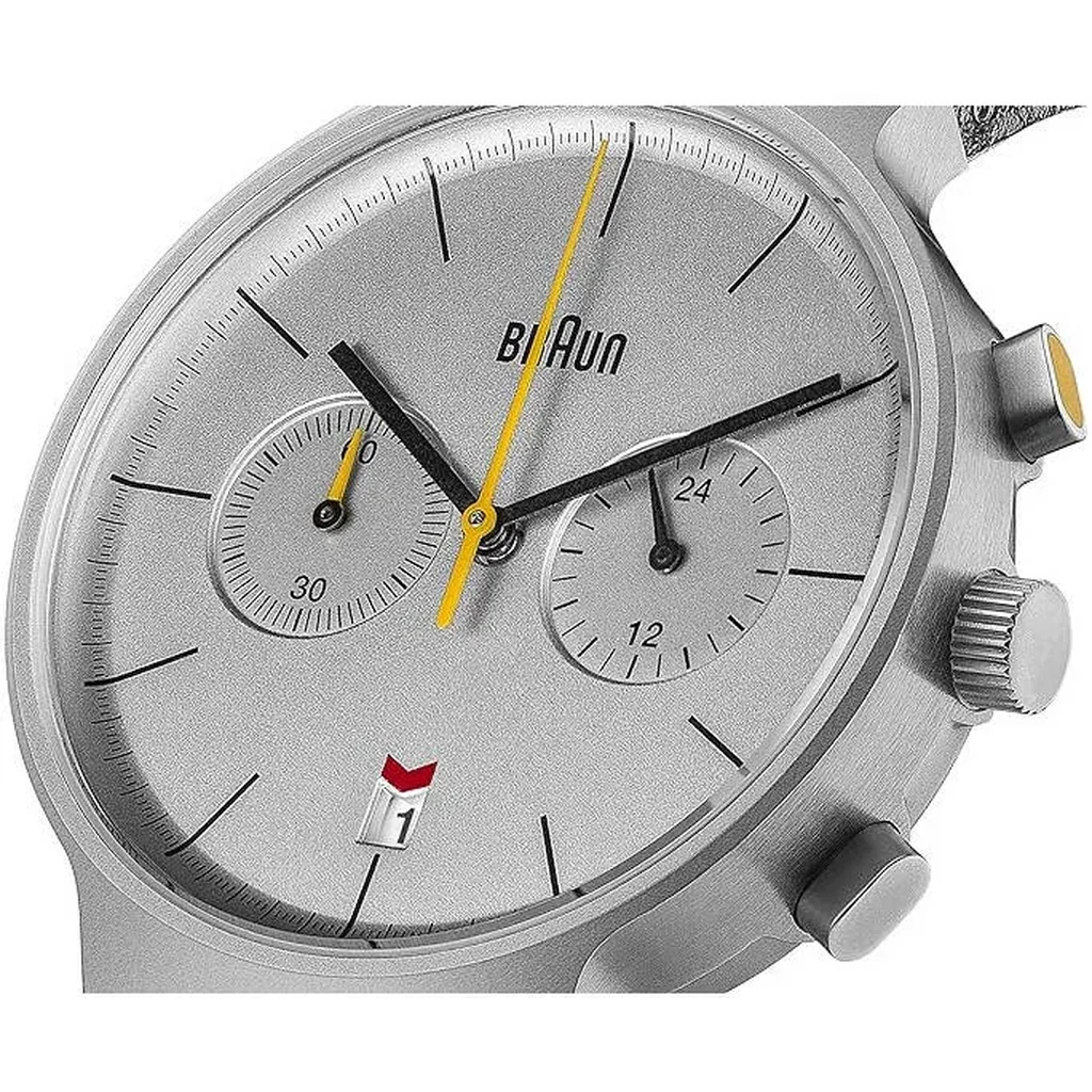 Braun Gents Classic Chronograph Watch, Meca-quartz Movement, date indicator, Hybrid Movement, Water Resistance, Stainless Steel Case, Double Domed Lens, Silver and Black Leather Strap | BN0265SLBKG - Image 11