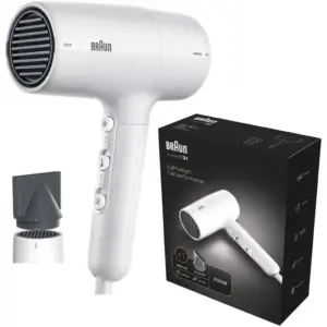 Braun Hairdryer HD2.1 Hair Dryer, 2100 Watts, +1 Attachment, Mechanical press switch, Pivot cord guard, Nozzle, Conc White - BRHD210SDE