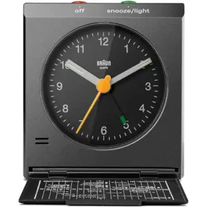 Braun Travel Alarm Clock BC05B, Quiet Quartz Movement, Crescendo Alarm, 5 min Snooze, 5 sec Light with Delay, illuminated Dial, Battey Alarm Clock, Folding Lid Shows World Alarm Time Zone Map, Black