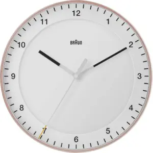Braun Wall Clock BC17PW, Silent Sweeping Quartz Movement, Semi-tempered Glass, Easy to Read Dial, 30 cm Clock Diameter, Classic Braun Design, Pink & White