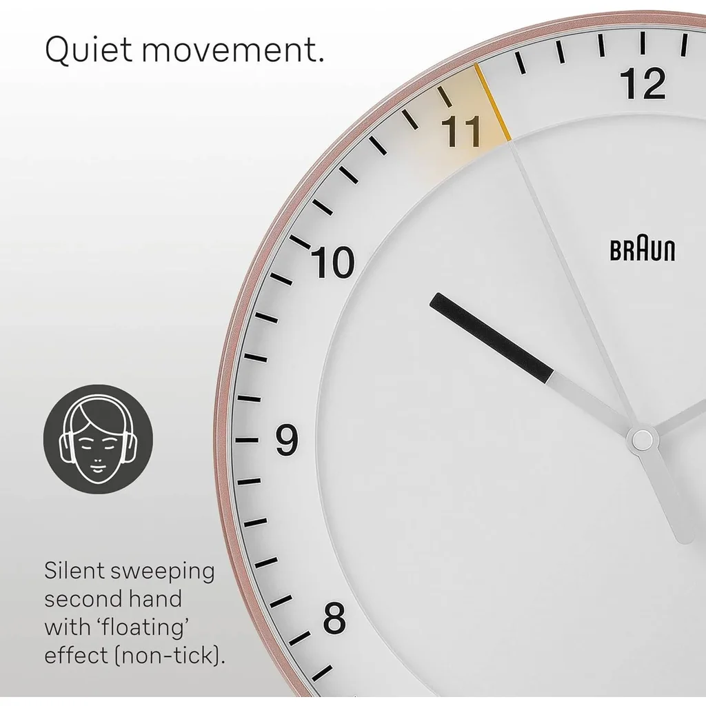 Braun Wall Clock BC17PW, Silent Sweeping Quartz Movement, Semi-tempered Glass, Easy to Read Dial, 30 cm Clock Diameter, Classic Braun Design, Pink & White - Image 6