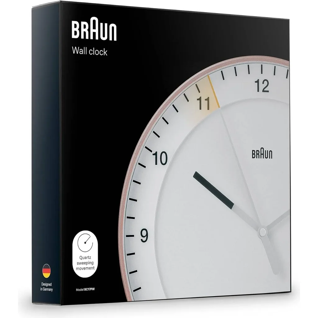 Braun Wall Clock BC17PW, Silent Sweeping Quartz Movement, Semi-tempered Glass, Easy to Read Dial, 30 cm Clock Diameter, Classic Braun Design, Pink & White - Image 12