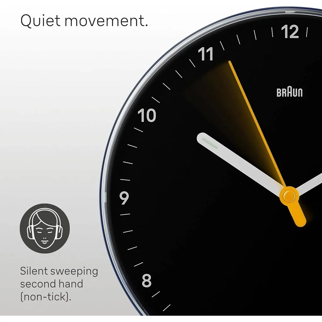 Braun Wall Clock BC26B, Silent Sweeping Quartz Movement, Easy to Read Dial, Luminous, 23 cm Clock Diameter, Black - Image 8