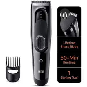 Braun Hair Clipper Series 5 HC5310 with 9 Length Settings, 1 Comb, Up to 50 Minutes Battery Runtime, Washability, Memory SafetyLock, Black | HC 5310
