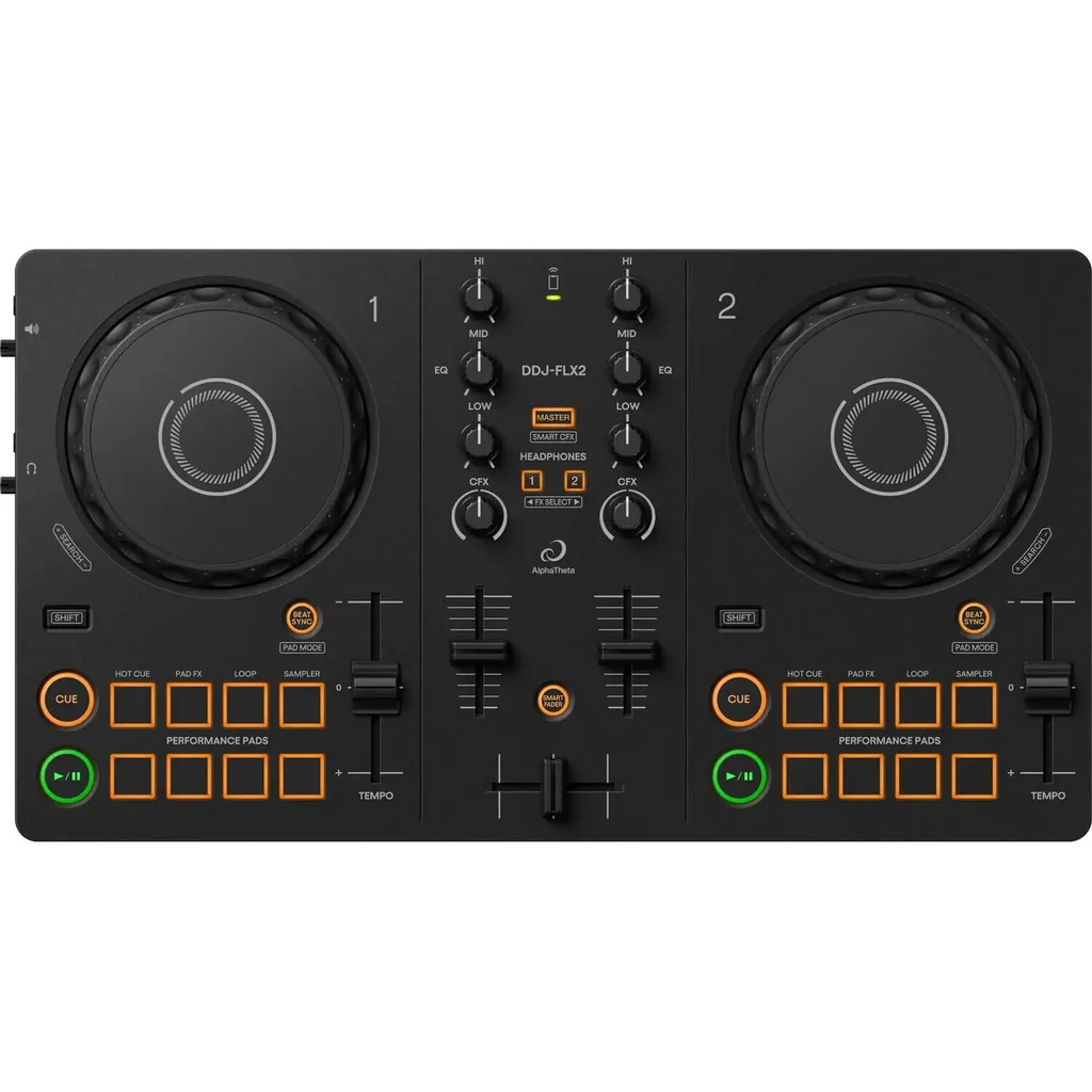 AlphaTheta DDJ FLX2 2 Deck USB DJ Controller Smart Fader, Bluetooth & Multi App Streaming, Black | DDJ-FLX2