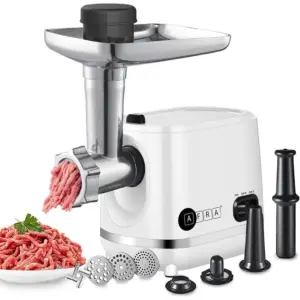 Afra Meat Grinder, 1200w, 3 Cutting Discs, Aluminum Construction, Stainless Steel Cross Knife, food storage pusher, kibbeh & sausage attachment, AF-1200MGWT, 2 Year Warranty