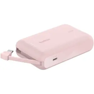 Belkin BoostCharge Power Bank, 20W Output, 1x USB-C Port, 2.2" Integrated USB-C Cable, LED Battery Status, 10000mAh Battery Capacity, Pink | BPB021fqPK