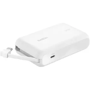 Belkin BoostCharge Power Bank, 20W Output, 1x USB-C Port, 2.2" Integrated USB-C Cable, LED Battery Status, 10000mAh Battery Capacity, White | BPB021fqWH