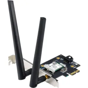ASUS PCE-BE6500 Adapter, 2.4GHz/5GHz/6GHz Tri-Band, Up to 6452 Mb/s Throughput, 2x Adjustable Antennas, Wi-Fi 7 802.11be & Bluetooth 5.4, PCIe 1x Host Connection, WPA3 Security, Black | PCE-BE6500