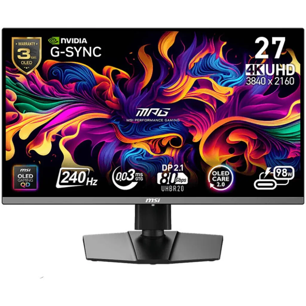 MSI MPG 272URX QD-OLED Gaming Monitor, 27" UHD QD-OLED Display, 240Hz Refresh Rate, 0.03ms (GtG) Response Time, EL Gen 3 Technology, DisplayHDR True Black 400, Black | 9S6-3CD79A-023